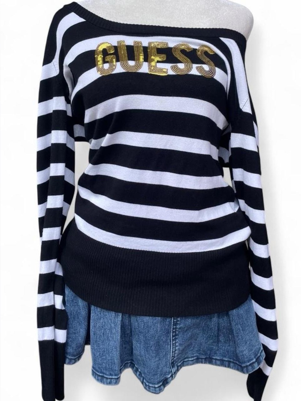 GUESS Black & White Striped Top with Gold Logo
